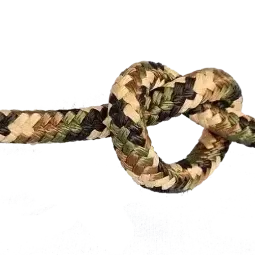 Camouflage-patterned rope tied in a knot on a white background