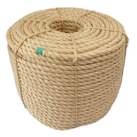 Coil of 16mm natural sisal rope on a white background