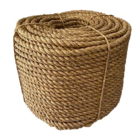 Coil of brown 18mm natural manila rope on a white background.
