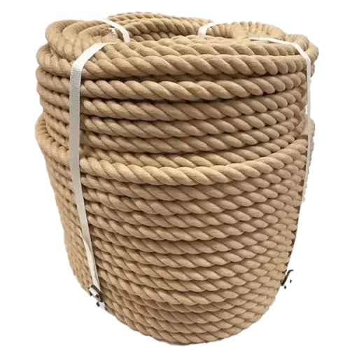 Coil of beige 28mm synthetic hemp rope on a white background