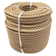 Coil of beige 32mm synthetic hemp rope on a white background