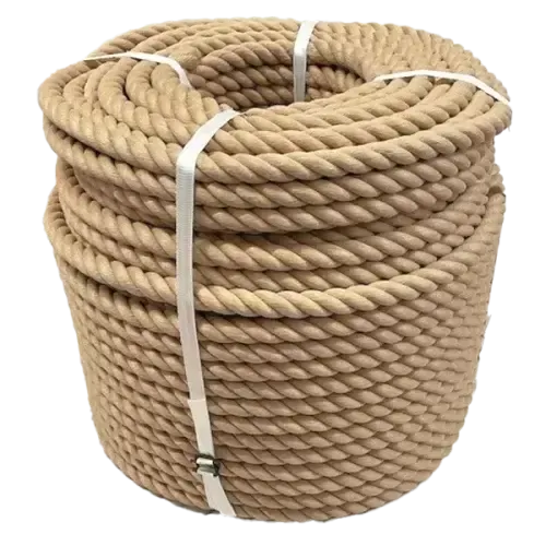 Coil of beige 32mm synthetic hemp rope on a white background