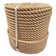 Coil of beige 36mm synthetic hemp rope on a white background