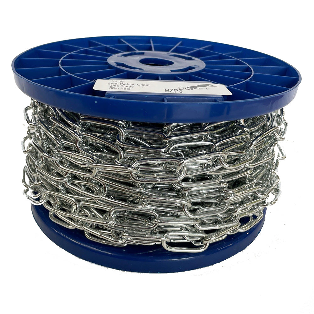 Spool of chain on a blue reel with a white background