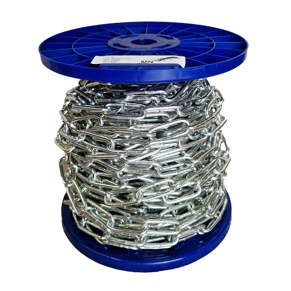 spool of chain on a blue p[astic reel on a white background