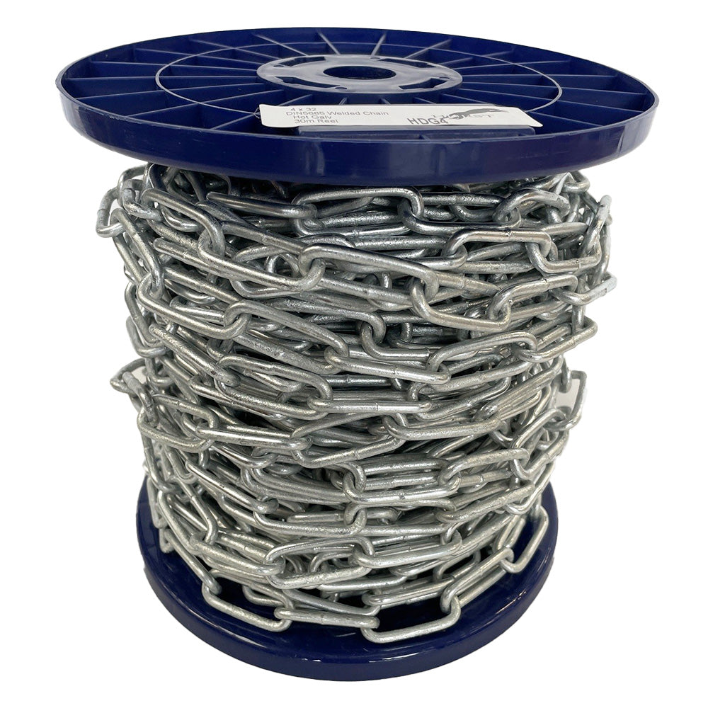 Spool of chain on a blue reel with a white background