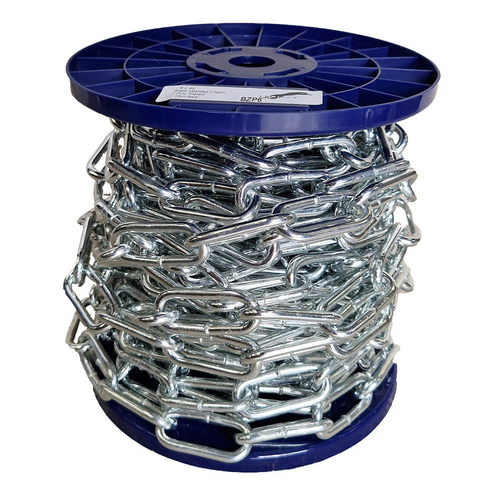 Spool of chain on a blue reel on a white background