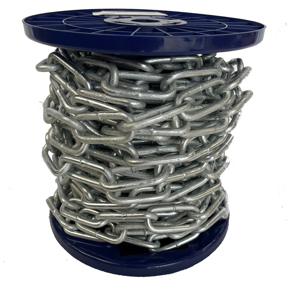 Spool of chain with blue top and bottom on a white background