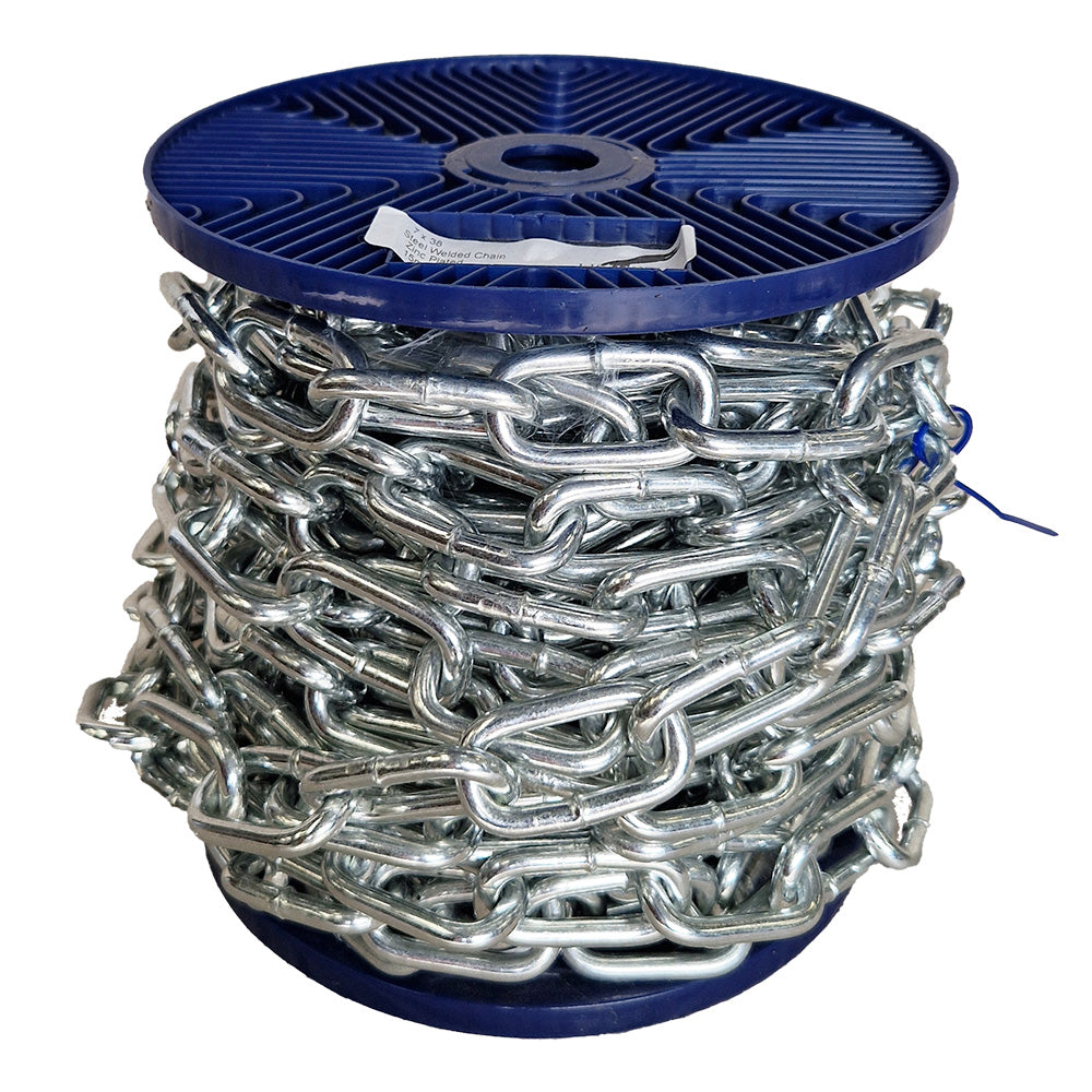 spool of chain on a blue p[astic reel on a white background