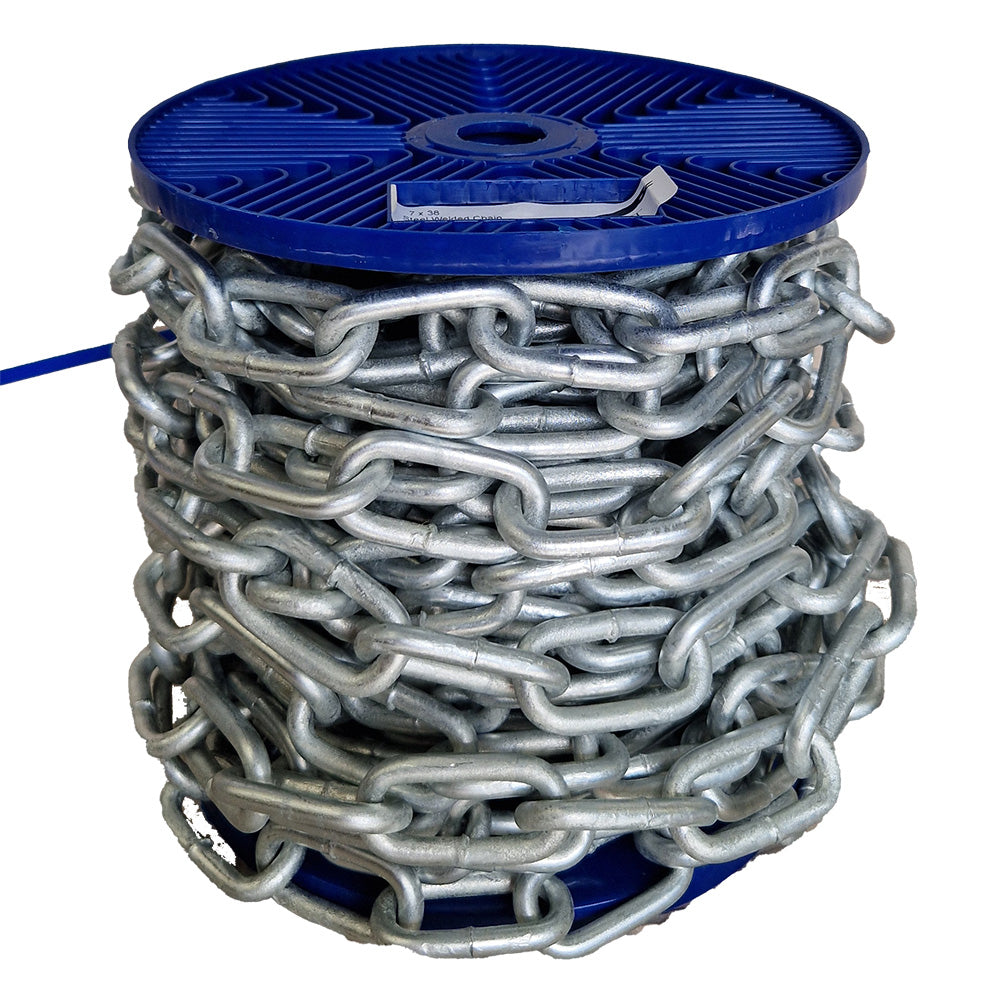 Spool of chain with blue top and bottom on a white background