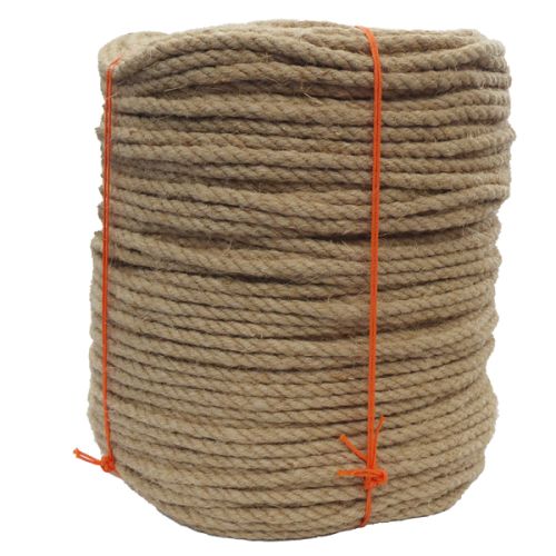 Coil of brown 8mm natural flax hemp rope with orange ties on a white background.