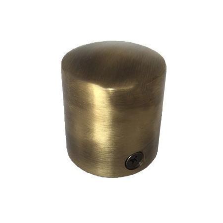 Antique brass cylindrical rope end cap with countersunk screw on a white background