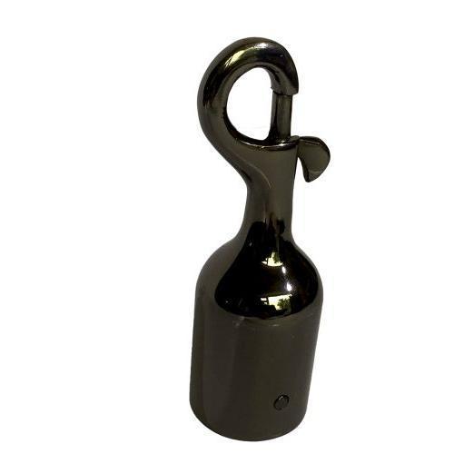 A glossy black nickel trigger hook with a visible screw for securing a rope, against a plain background.