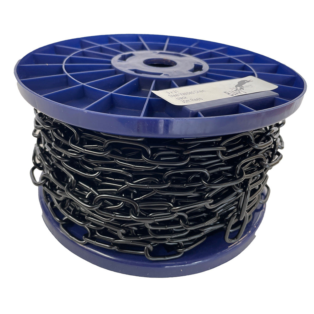 Spool of black chain on a blue plastic reel with a white background