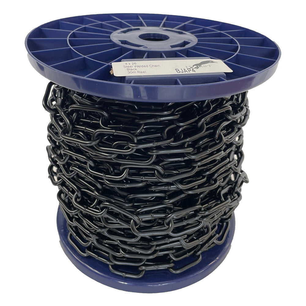 Spool of black chain on a blue reel on a white background