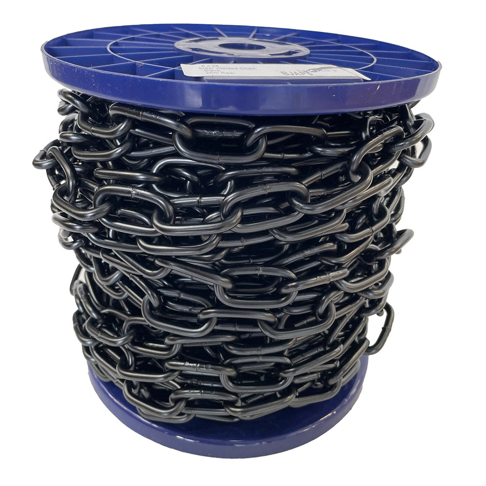 Spool of chain on a blue reel on a white background