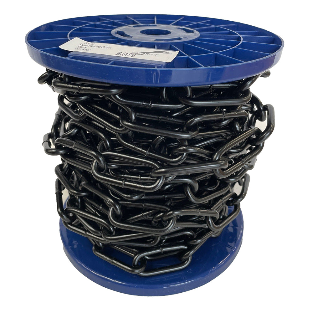 Spool of black chain on a blue spool with a white background