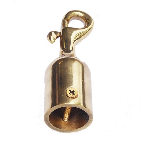 A polished brass trigger hook with a cross screw, designed for use with rope.