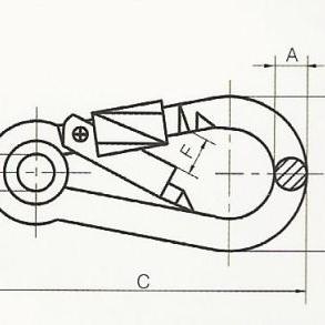 Technical drawing of a carabiner with eyelet with dimensions labeled.