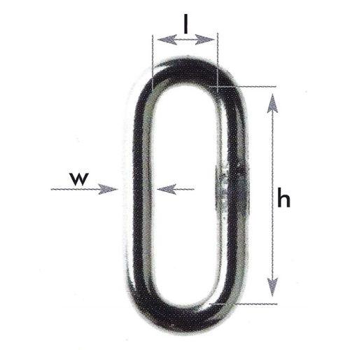 Metal chain link with dimensions labeled on a white background