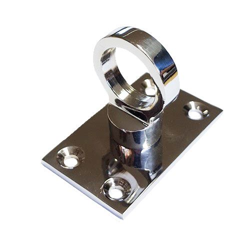A glossy chrome eye plate for rope hooks with a chrome-plated brass construction, including four mounting screws.