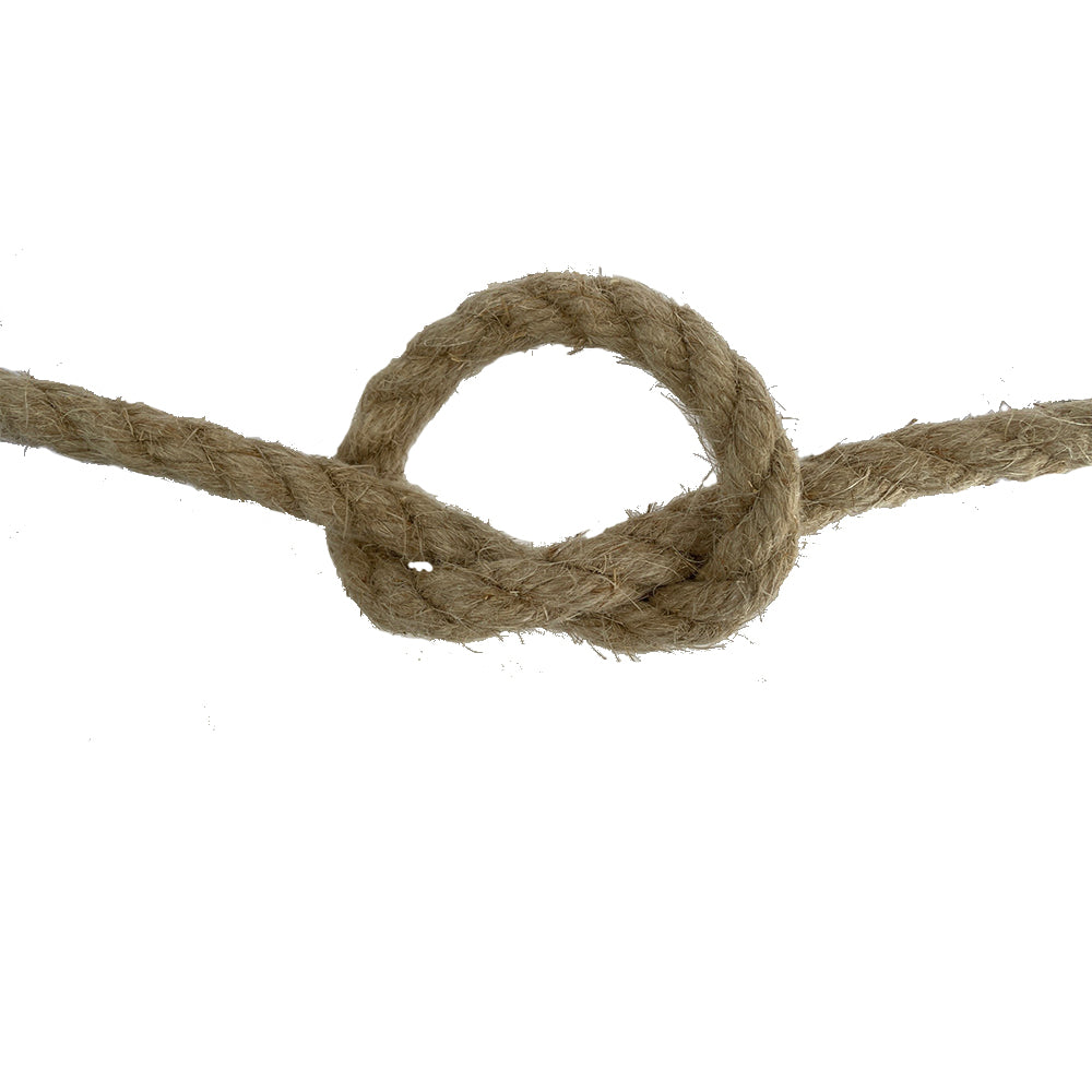 Close-up of a knotted piece of flax hemp rope on a white background