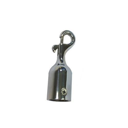 A glossy chrome trigger hook with a visible screw for securing a rope, against a plain background.