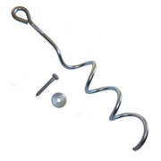 Spiral metal ground anchor with bolt and washer on a white background