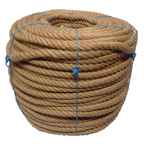 A coil of 24mm Jute Rope with blue ties on a white background.