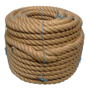 Close-up of a knotted piece of 20mm jute rope on a white background