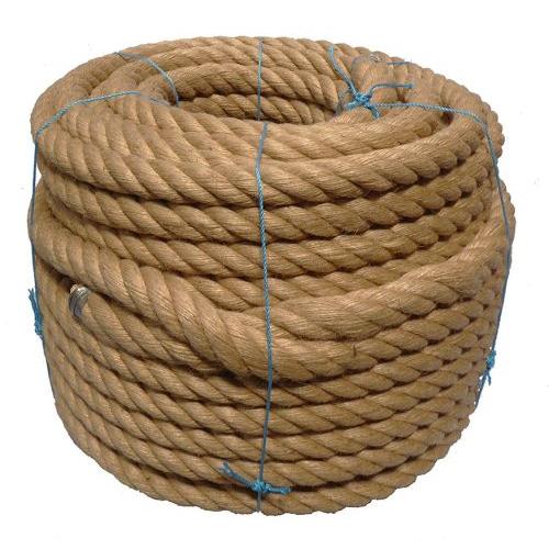 Close-up of a knotted piece of 20mm jute rope on a white background