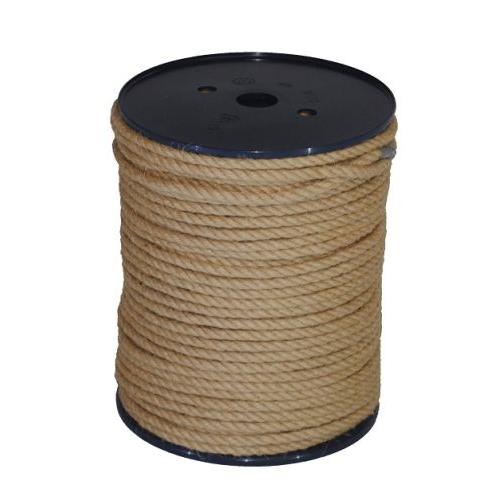Spool of brown 6mm jute rope on a black reel against a white background