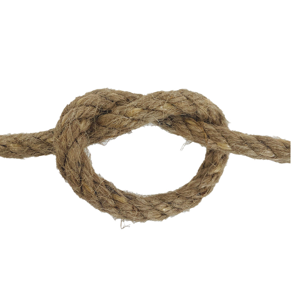 Close-up of a knotted piece of 10mm jute rope on a white background