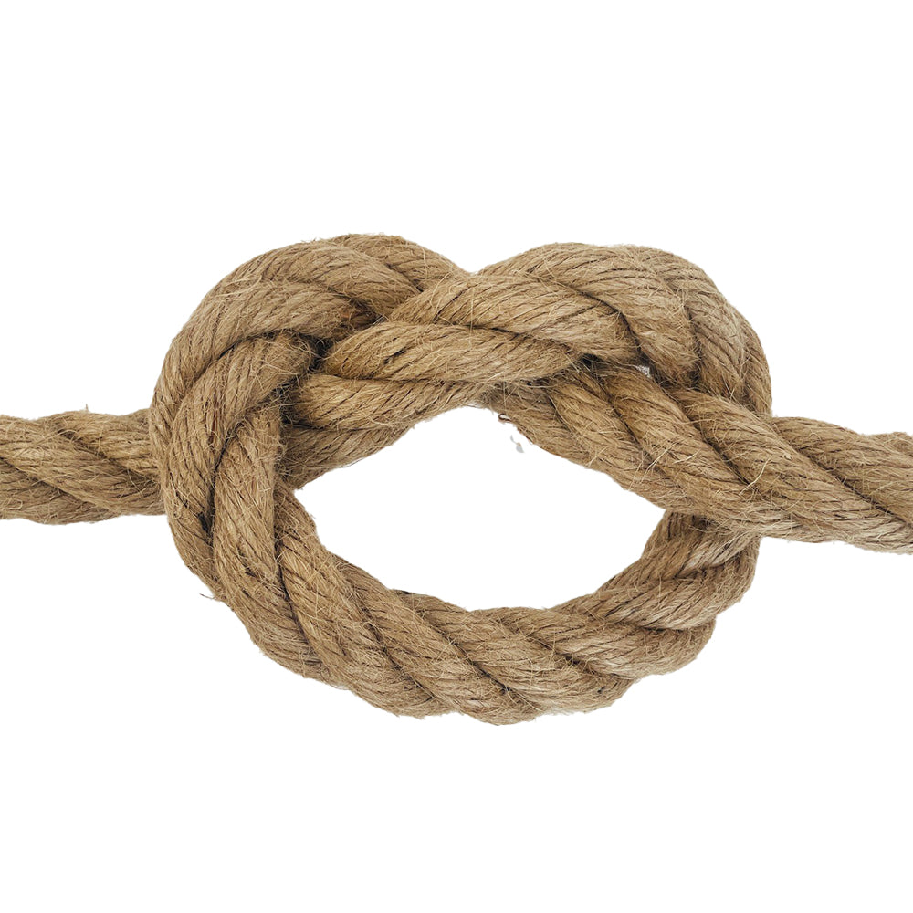 Close-up of a knotted piece of 24mm jute rope on a white background
