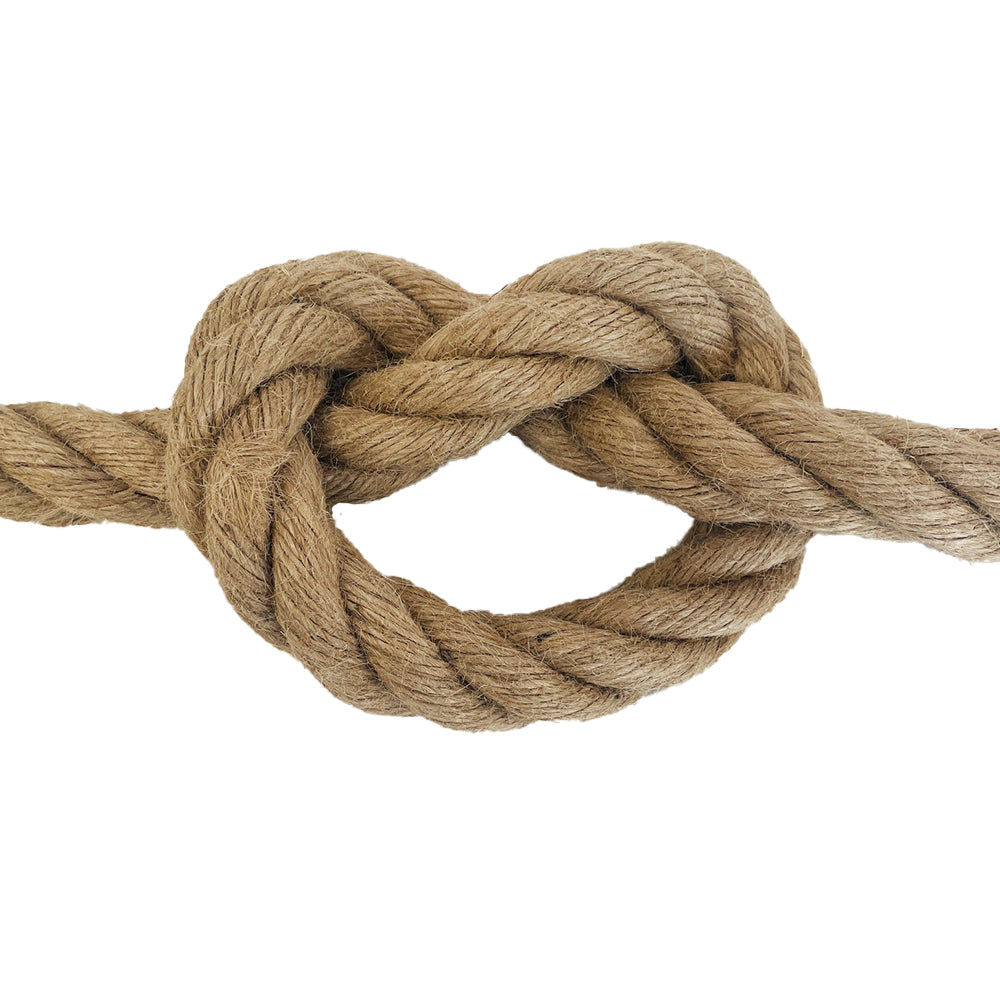 Close-up of a knotted piece of 30mm jute rope on a white background