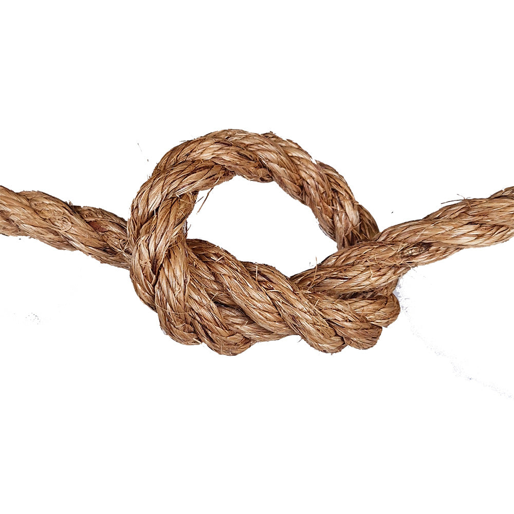 Close-up of a knotted piece of brown rope on a white background