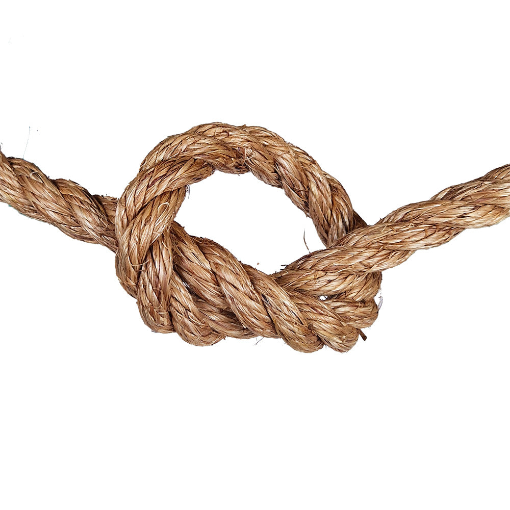 Close-up of a knotted piece of brown rope on a white background