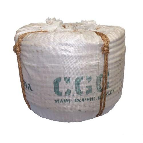 Coil of 22mm natural manila rope wrapped in white hessian and tied with brown cord.