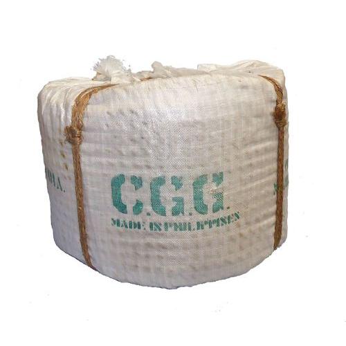 Coil of 28mm natural manila rope wrapped in white hessian and tied with brown cord.