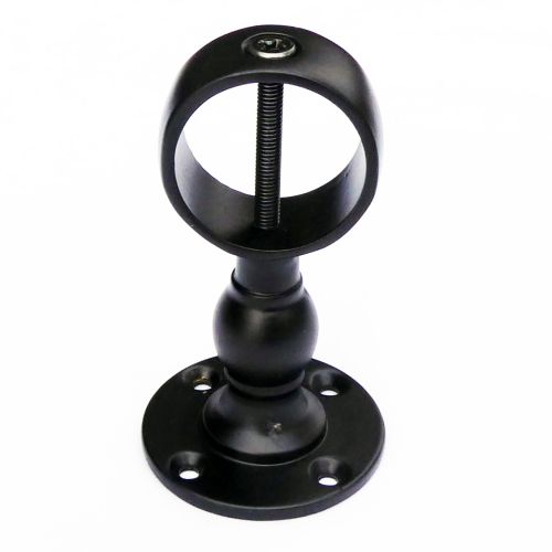A matt black brass centre bracket with a circular central screw and a flat base with four attaching screws, designed for attaching a rope to a post.