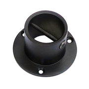 A matt black, powder-coated brass end cup/plate for attaching a rope to a wooden post, with visible screws and cross screw.