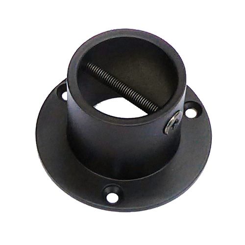 A matt black, powder-coated brass end cup/plate for attaching a rope to a wooden post, with visible screws and cross screw.