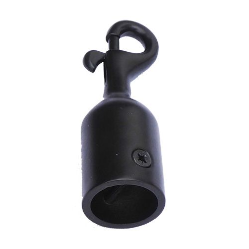 A matt black powder-coated brass trigger hook for rope with a countersunk cross screw.