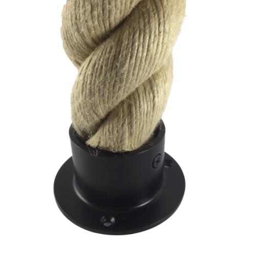 Beige rope fixed in to a black cylindrical holder against a white background