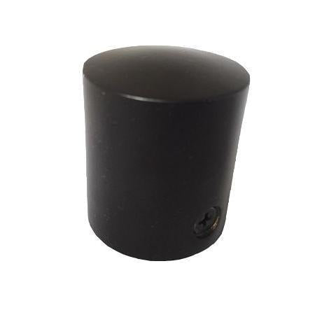 A matt black, powder coated cylindrical end cap for rope with a counter sunk screw.