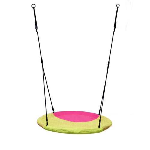 Children's Nest Swing with adjustable black ropes, featuring a steel frame with padding and a fabric seat, primarily in green and pink colors.