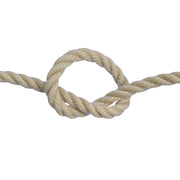 Beige polyhemp rope with a knot on a white background