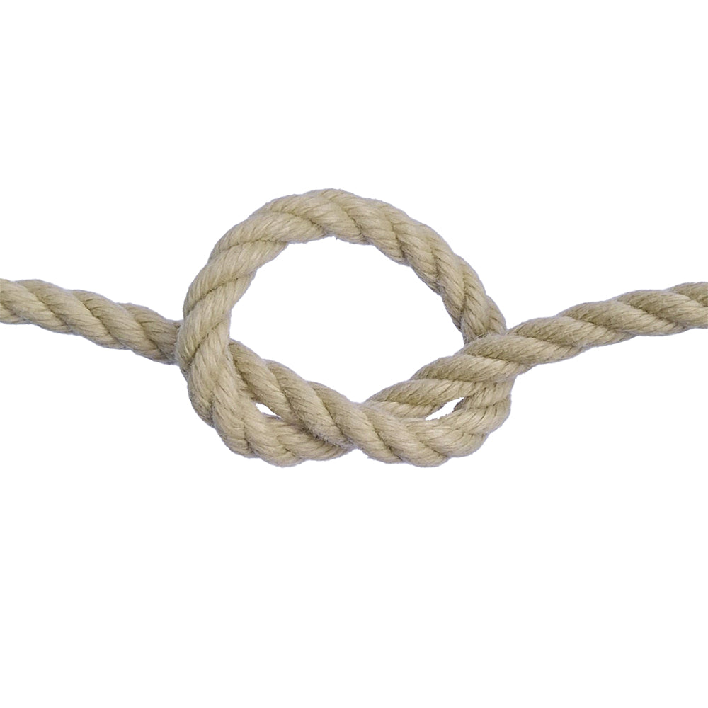 Beige polyhemp rope with a knot on a white background