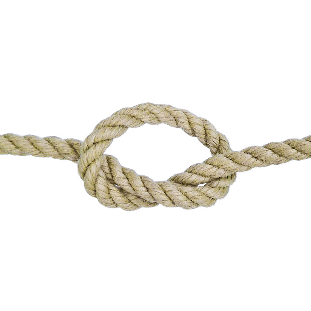 Beige polyhemp rope with a knot on a white background
