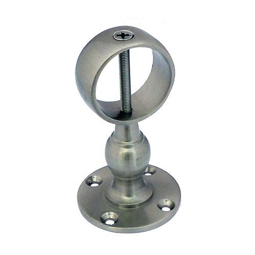 A satin chrome centre bracket for rope, with a round base plate and an attached vertical screw mechanism, isolated on a white background.